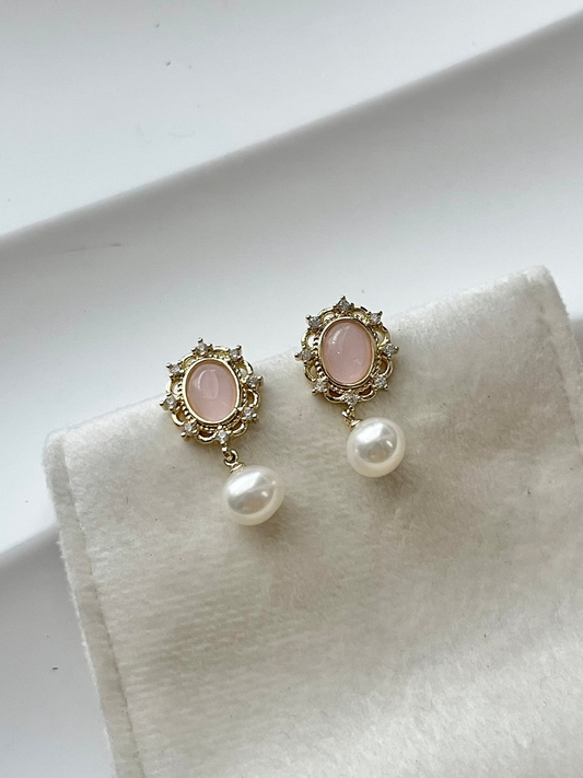 Pink chalcedony, pearls earrings, studs, s925