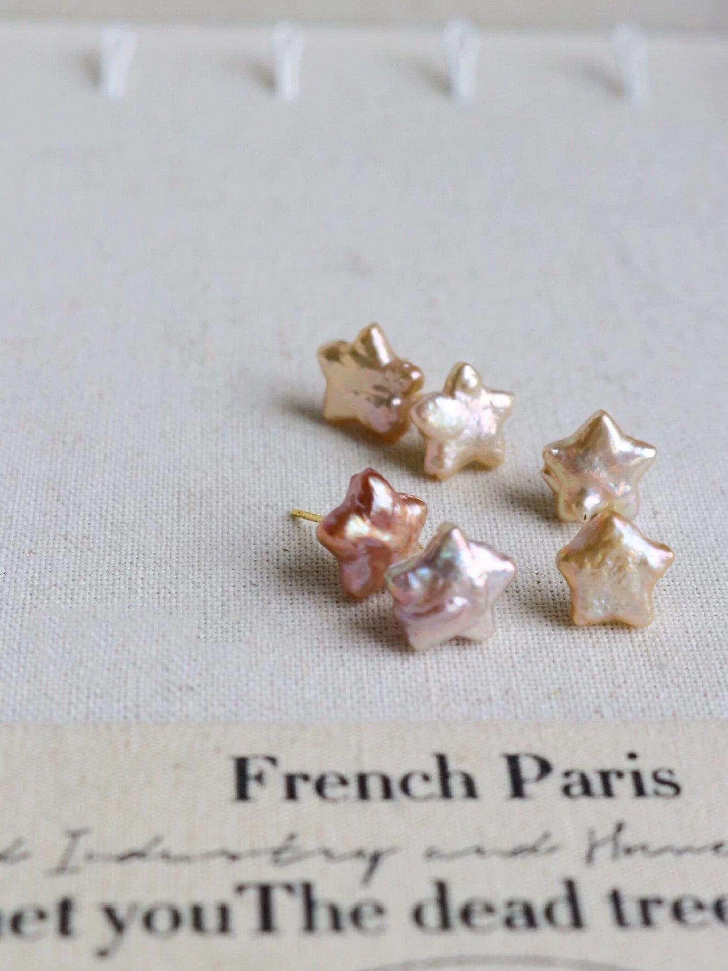 Baroque pearl earrings, star shape, S925, handcrafted, rare iridescent color